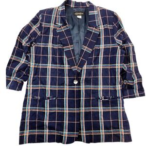 Vintage REQUIREMENTS Women's Plaid Blazer 3/4 Sleeve Single Button Navy Blue 14